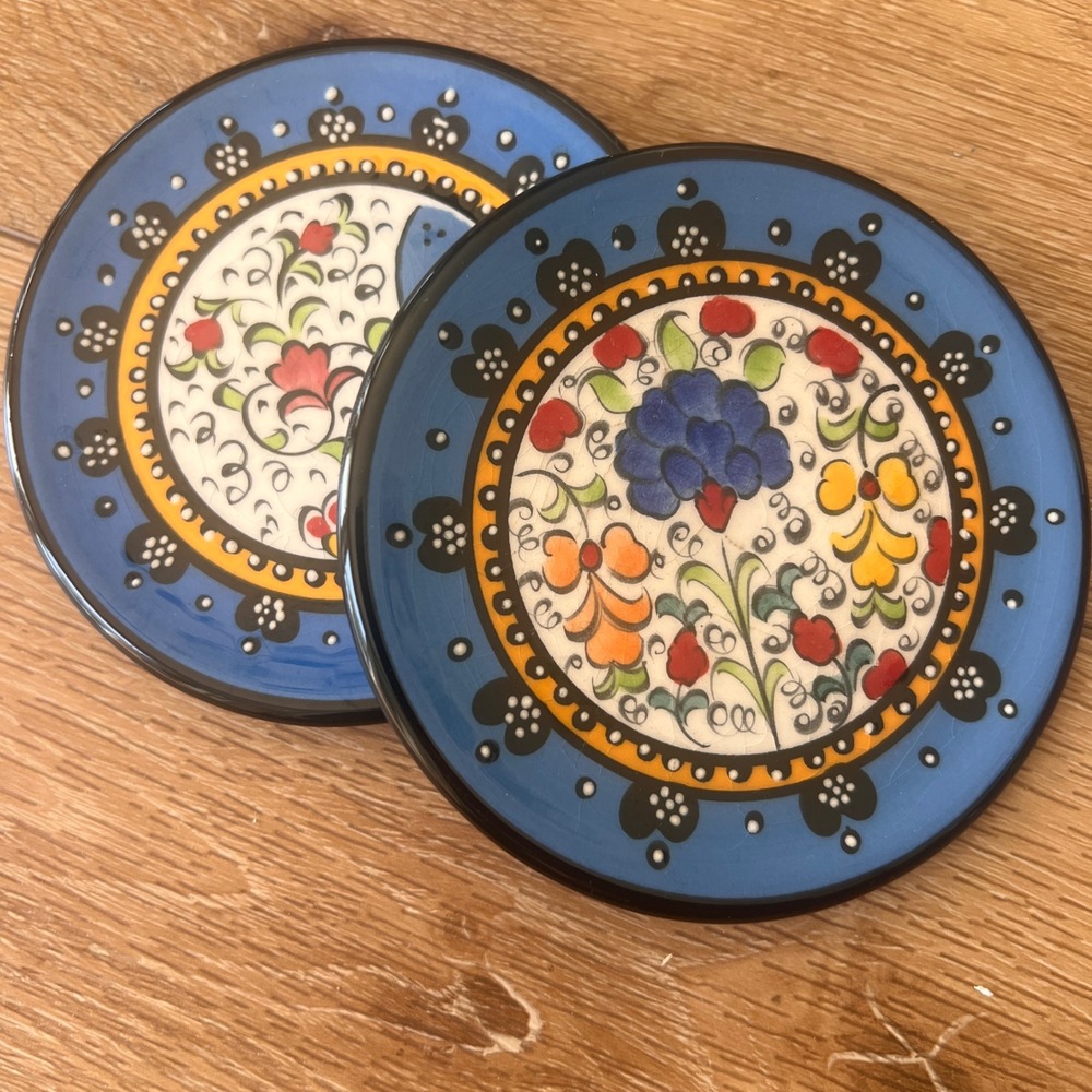 Artecer Hand Made Spanish Ceramic Plated Set of 2 Floral Cuerda Seca 4.25 Inch